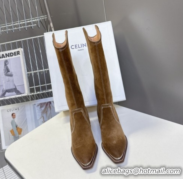 Best Product Celine Suede Heel Mid Boots 4.5cm with Stitches Dark Brown 2025 CE082608
