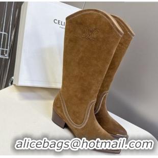 Top Grade Celine Suede Heel Mid Boots 4.5cm with Stitches Tan Brown 2025 CE082608