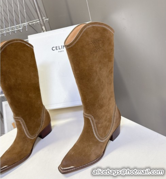 Top Grade Celine Suede Heel Mid Boots 4.5cm with Stitches Tan Brown 2025 CE082608
