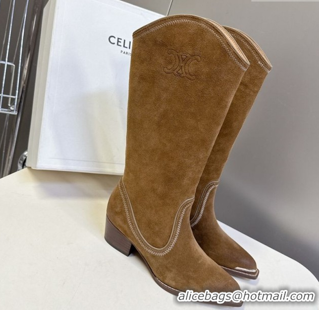 Top Grade Celine Suede Heel Mid Boots 4.5cm with Stitches Tan Brown 2025 CE082608
