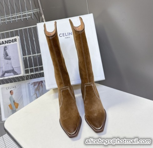 Top Grade Celine Suede Heel Mid Boots 4.5cm with Stitches Tan Brown 2025 CE082608