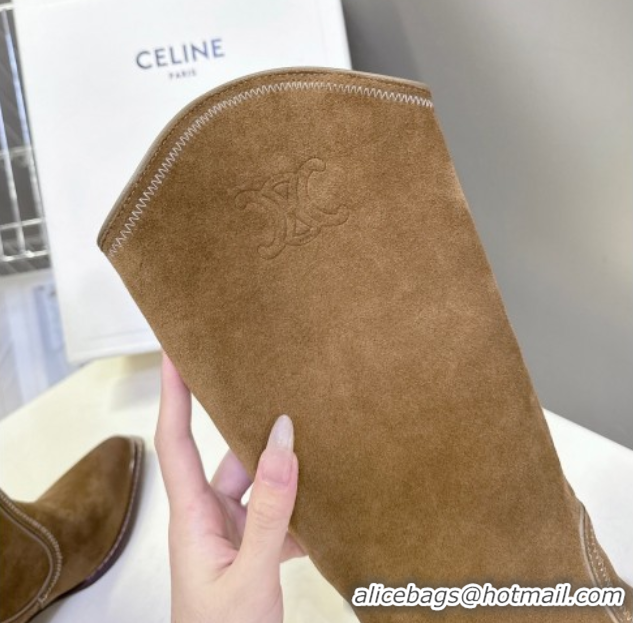 Top Grade Celine Suede Heel Mid Boots 4.5cm with Stitches Tan Brown 2025 CE082608