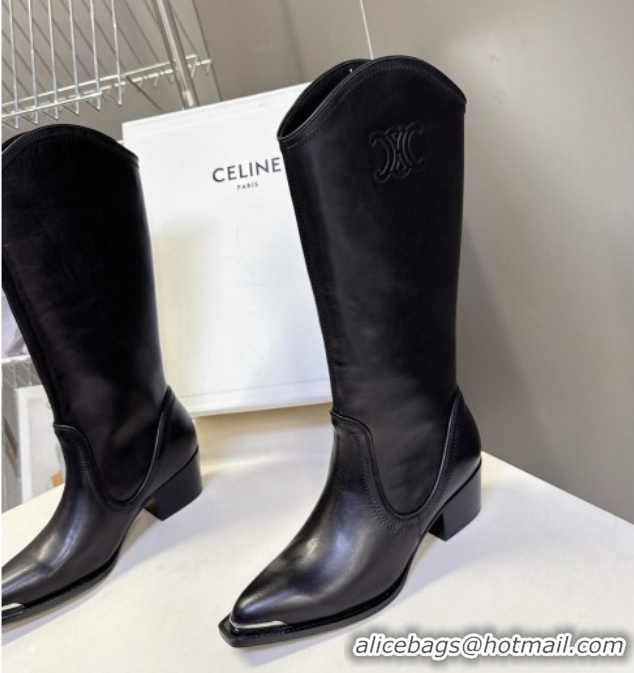 Grade Quality Celine Calfskin Heel Mid Boots 4.5cm with Stitches Black 2025 CE082608