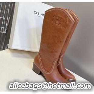 Unique Style Celine Calfskin Heel Mid Boots 4.5cm with Stitches Brown 2025 CE082608