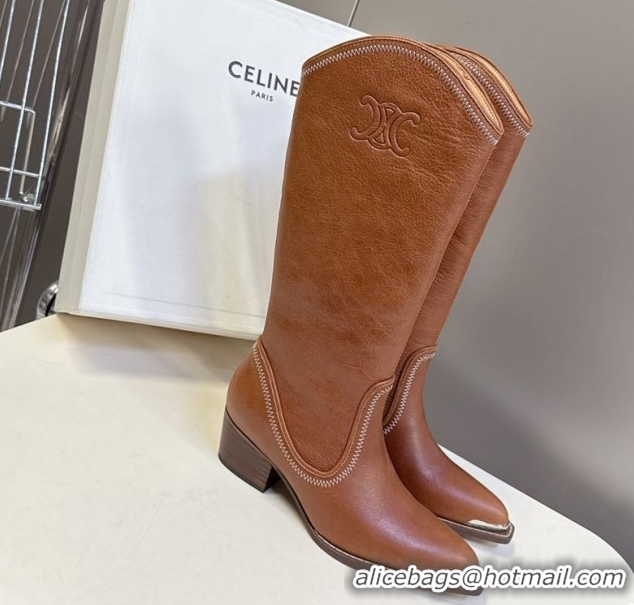 Unique Style Celine Calfskin Heel Mid Boots 4.5cm with Stitches Brown 2025 CE082608