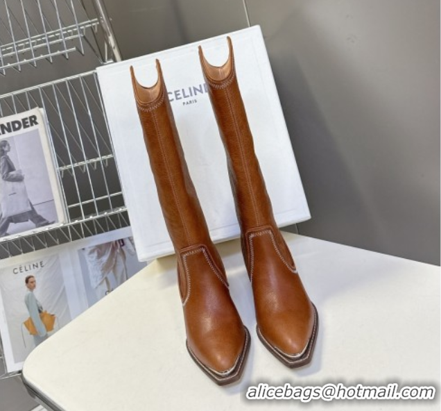 Unique Style Celine Calfskin Heel Mid Boots 4.5cm with Stitches Brown 2025 CE082608