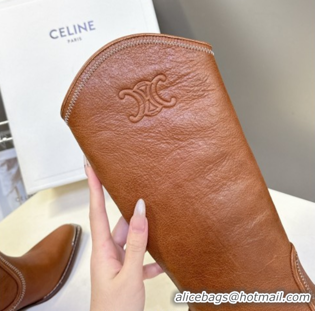 Unique Style Celine Calfskin Heel Mid Boots 4.5cm with Stitches Brown 2025 CE082608