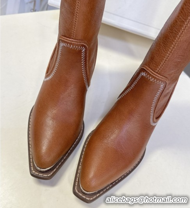 Unique Style Celine Calfskin Heel Mid Boots 4.5cm with Stitches Brown 2025 CE082608
