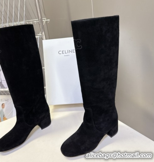 Shop Duplicate Celine Les Bottes Triomphe High Boots 5.5cm in Suede Black CE082610