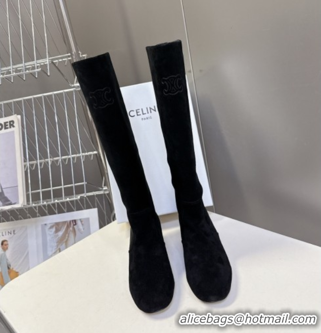 Shop Duplicate Celine Les Bottes Triomphe High Boots 5.5cm in Suede Black CE082610