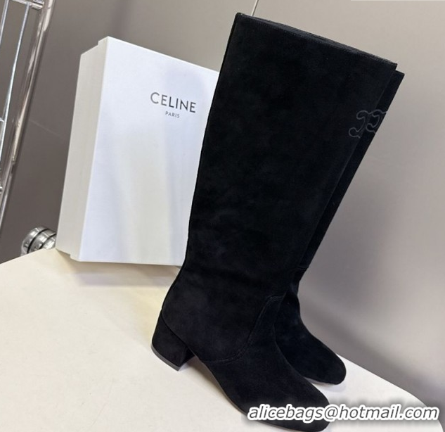 Shop Duplicate Celine Les Bottes Triomphe High Boots 5.5cm in Suede Black CE082610