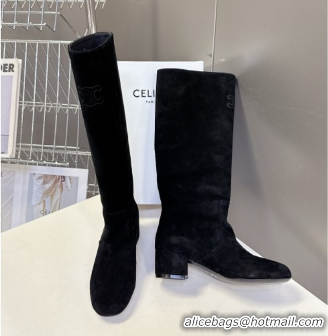 Shop Duplicate Celine Les Bottes Triomphe High Boots 5.5cm in Suede Black CE082610
