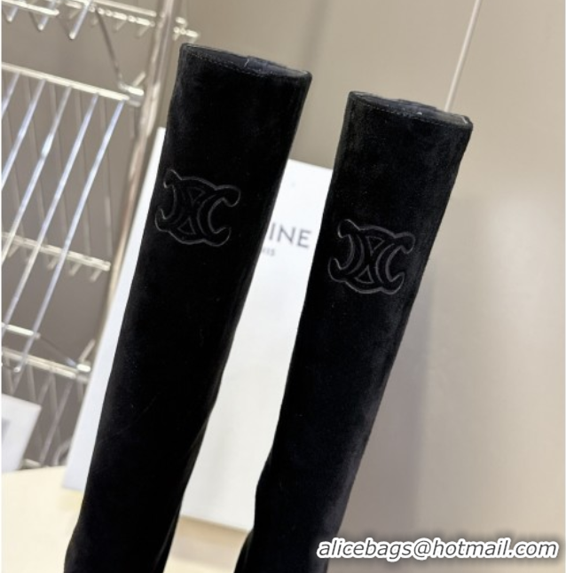 Shop Duplicate Celine Les Bottes Triomphe High Boots 5.5cm in Suede Black CE082610