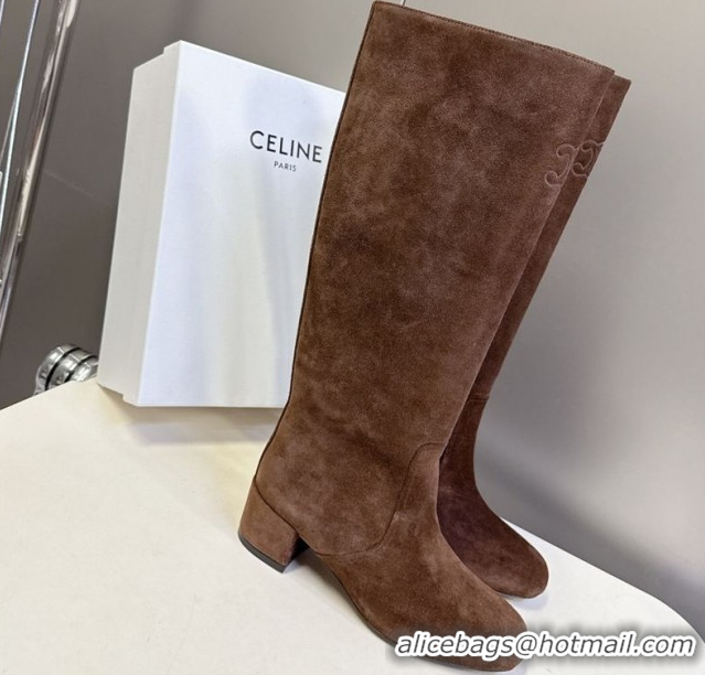 Fashion Celine Les Bottes Triomphe High Boots 5.5cm in Suede Brown 2025 CE082610