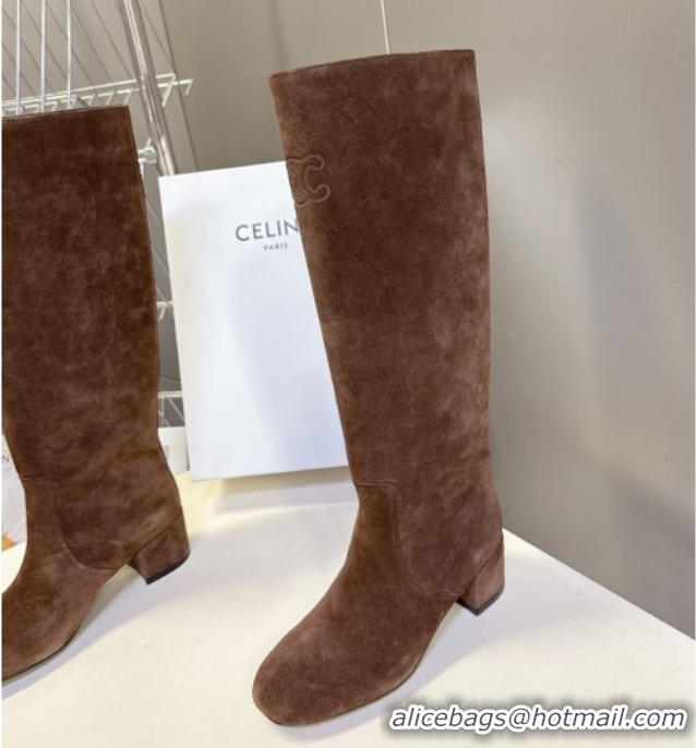 Fashion Celine Les Bottes Triomphe High Boots 5.5cm in Suede Brown 2025 CE082610