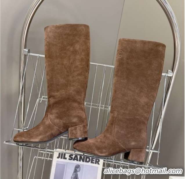 Fashion Celine Les Bottes Triomphe High Boots 5.5cm in Suede Brown 2025 CE082610