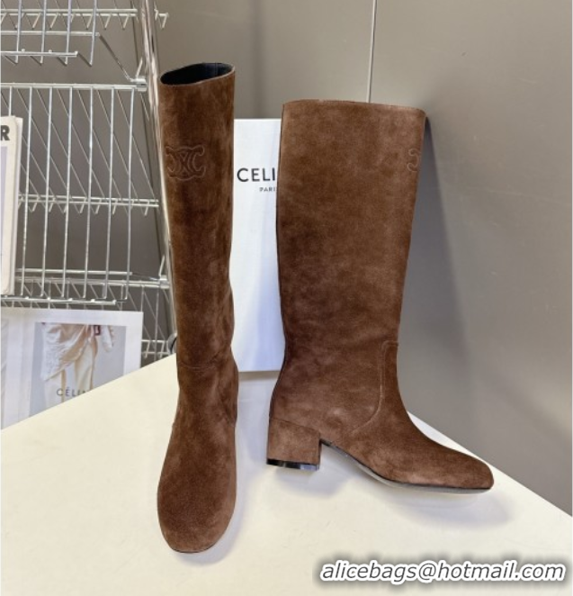 Fashion Celine Les Bottes Triomphe High Boots 5.5cm in Suede Brown 2025 CE082610