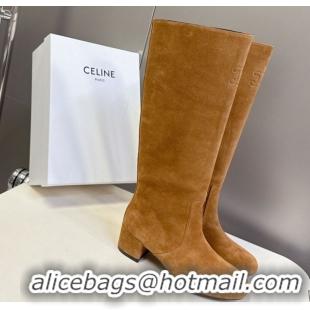 Pretty Style Celine Les Bottes Triomphe High Boots 5.5cm in Suede Havana Yellow 2025 CE082610