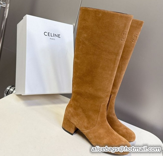 Pretty Style Celine Les Bottes Triomphe High Boots 5.5cm in Suede Havana Yellow 2025 CE082610