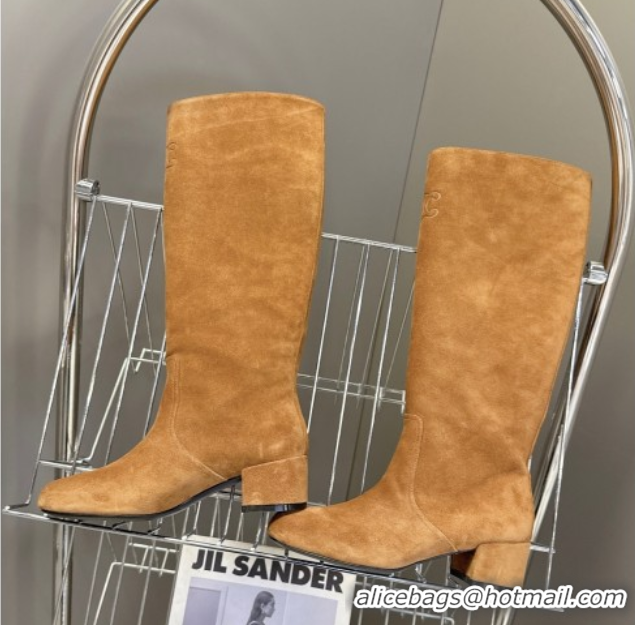 Pretty Style Celine Les Bottes Triomphe High Boots 5.5cm in Suede Havana Yellow 2025 CE082610