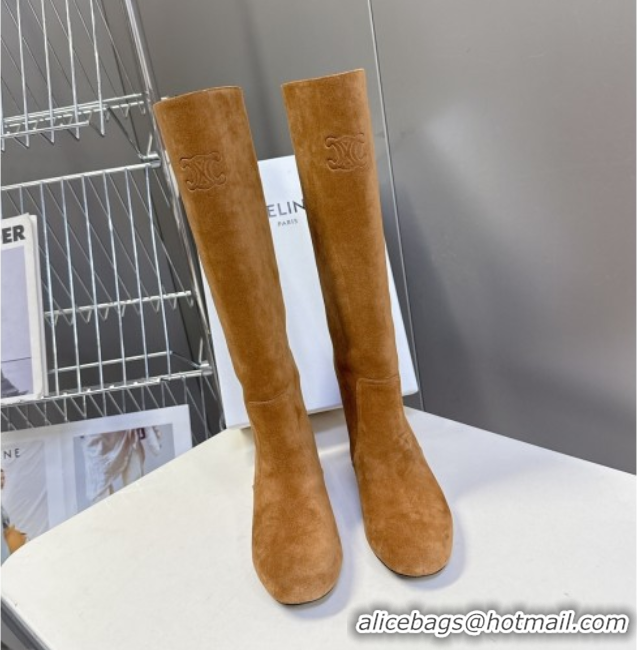 Pretty Style Celine Les Bottes Triomphe High Boots 5.5cm in Suede Havana Yellow 2025 CE082610