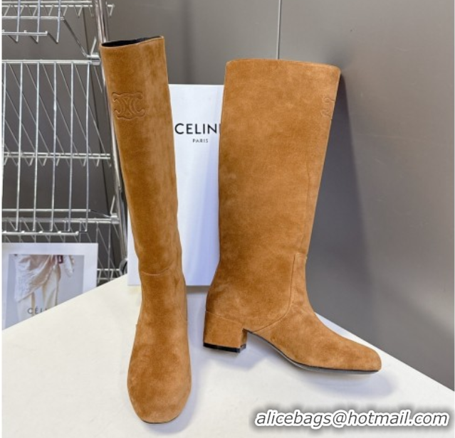 Pretty Style Celine Les Bottes Triomphe High Boots 5.5cm in Suede Havana Yellow 2025 CE082610