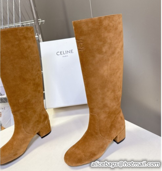 Pretty Style Celine Les Bottes Triomphe High Boots 5.5cm in Suede Havana Yellow 2025 CE082610