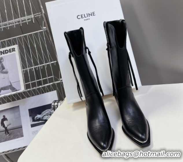 Best Price Celine Calfskin Heel Mid Boots 4.5cm with Tassel Black 2025 CE082611