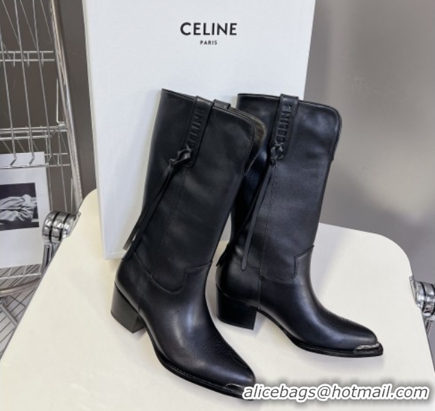 Best Price Celine Calfskin Heel Mid Boots 4.5cm with Tassel Black 2025 CE082611