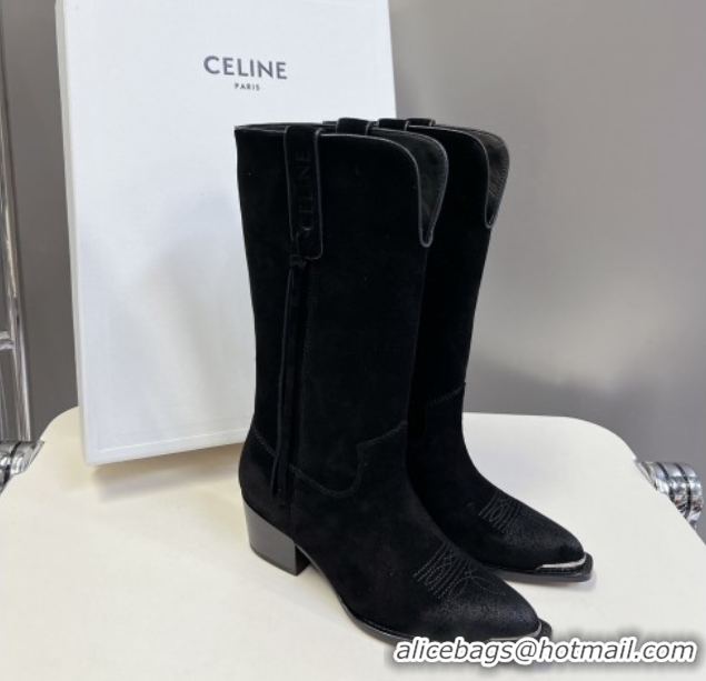 Most Popular Celine Suede Heel Mid Boots 4.5cm with Tassel Black 2025 CE082611