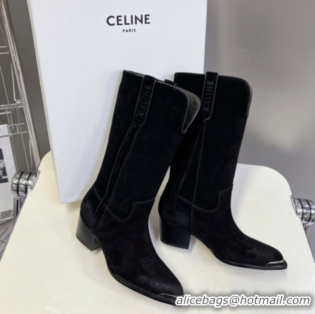 Most Popular Celine Suede Heel Mid Boots 4.5cm with Tassel Black 2025 CE082611