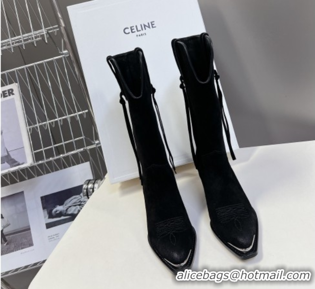 Most Popular Celine Suede Heel Mid Boots 4.5cm with Tassel Black 2025 CE082611