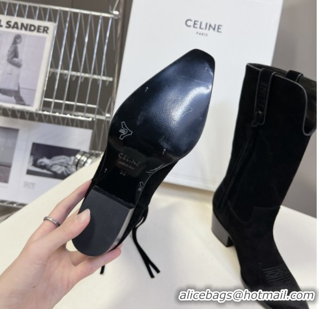 Most Popular Celine Suede Heel Mid Boots 4.5cm with Tassel Black 2025 CE082611