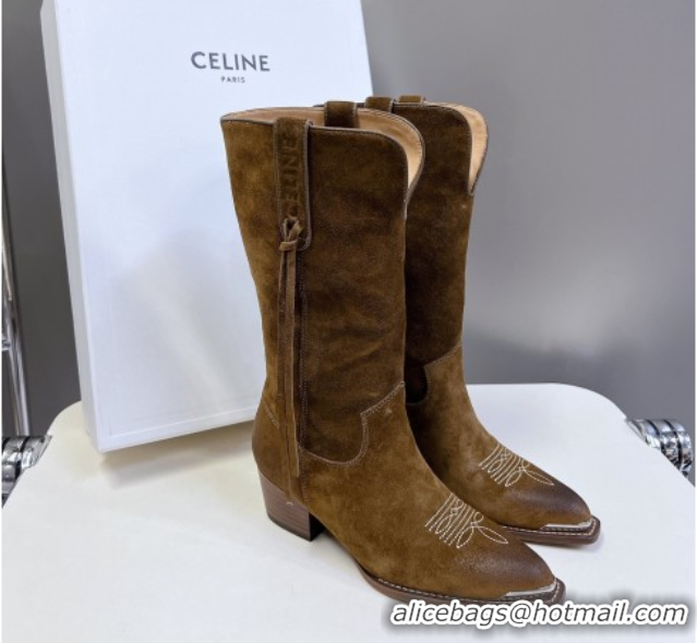 Discount Celine Suede Heel Mid Boots 4.5cm with Tassel Khaki 2025 CE082611