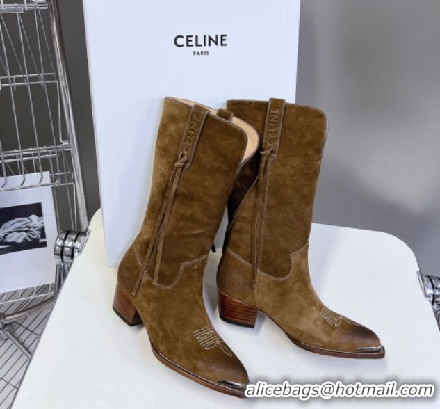 Discount Celine Suede Heel Mid Boots 4.5cm with Tassel Khaki 2025 CE082611