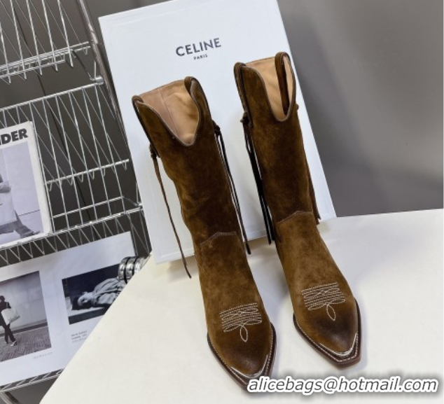 Discount Celine Suede Heel Mid Boots 4.5cm with Tassel Khaki 2025 CE082611