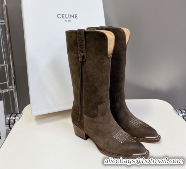 Cheapest Celine Suede Heel Mid Boots 4.5cm with Tassel Green 2025 CE082611