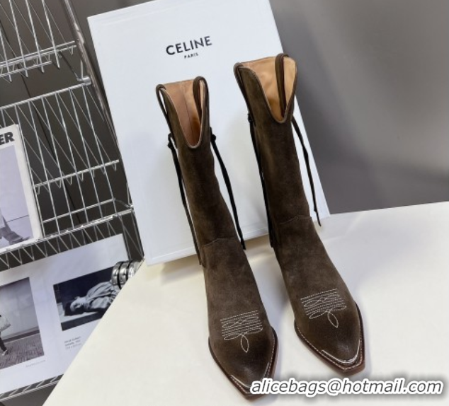 Cheapest Celine Suede Heel Mid Boots 4.5cm with Tassel Green 2025 CE082611