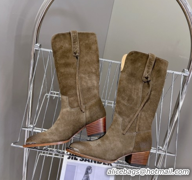 Cheapest Celine Suede Heel Mid Boots 4.5cm with Tassel Green 2025 CE082611