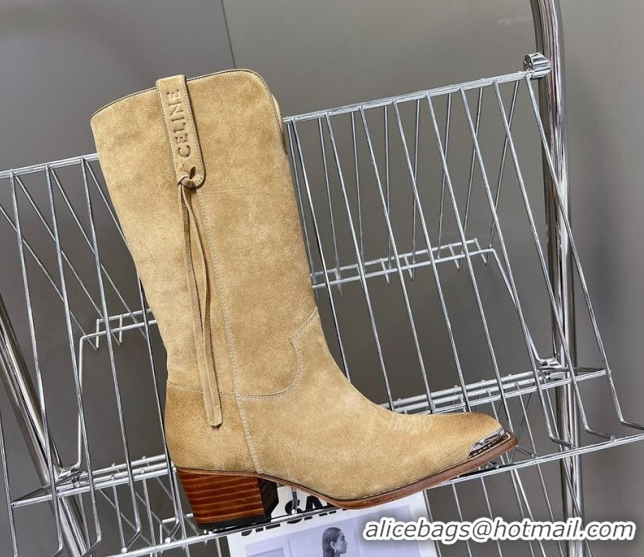 Duplicate Celine Suede Heel Mid Boots 4.5cm with Tassel Beige 2025 CE082611