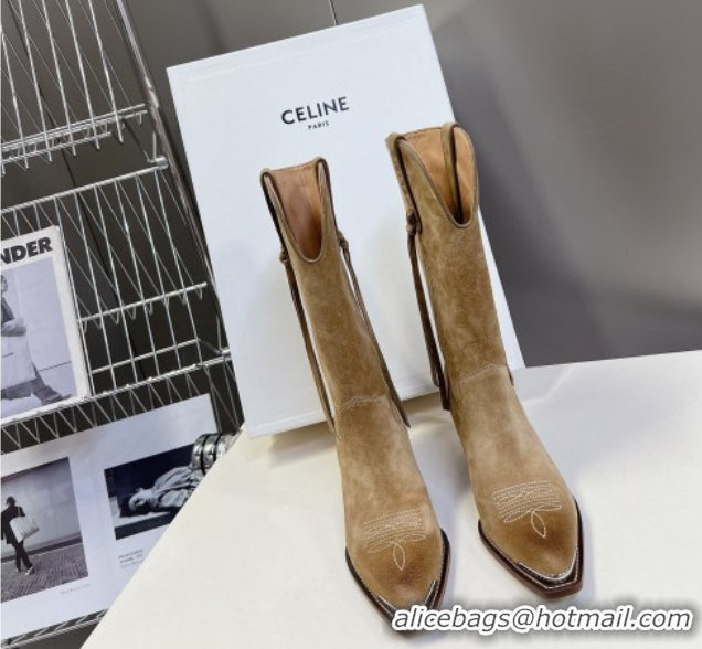 Duplicate Celine Suede Heel Mid Boots 4.5cm with Tassel Beige 2025 CE082611