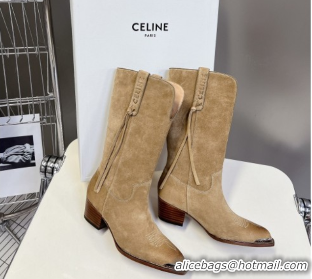 Duplicate Celine Suede Heel Mid Boots 4.5cm with Tassel Beige 2025 CE082611
