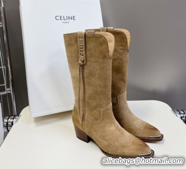 Duplicate Celine Suede Heel Mid Boots 4.5cm with Tassel Beige 2025 CE082611