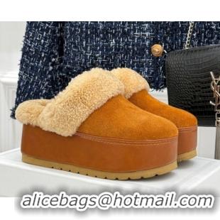 Big Discount Celine Dana Wedge Platform Mules in Suede and Shearling Havana Yellow 2025 CE082615