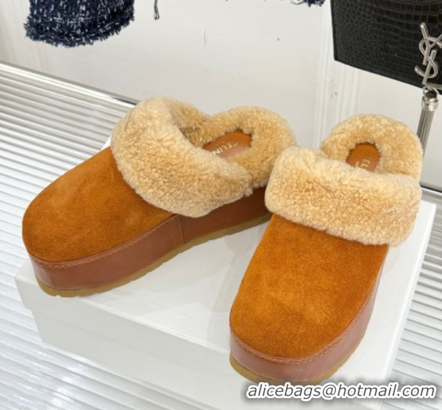 Big Discount Celine Dana Wedge Platform Mules in Suede and Shearling Havana Yellow 2025 CE082615