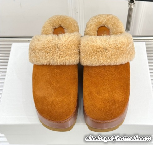 Big Discount Celine Dana Wedge Platform Mules in Suede and Shearling Havana Yellow 2025 CE082615