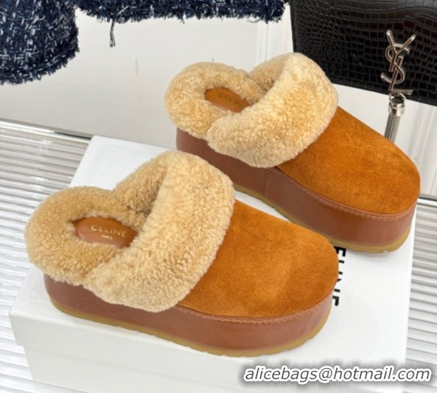 Big Discount Celine Dana Wedge Platform Mules in Suede and Shearling Havana Yellow 2025 CE082615