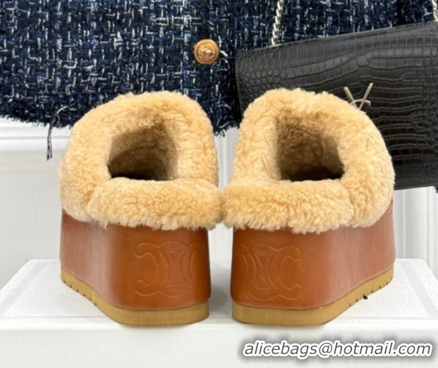 Big Discount Celine Dana Wedge Platform Mules in Suede and Shearling Havana Yellow 2025 CE082615