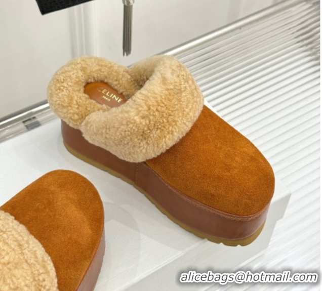 Big Discount Celine Dana Wedge Platform Mules in Suede and Shearling Havana Yellow 2025 CE082615