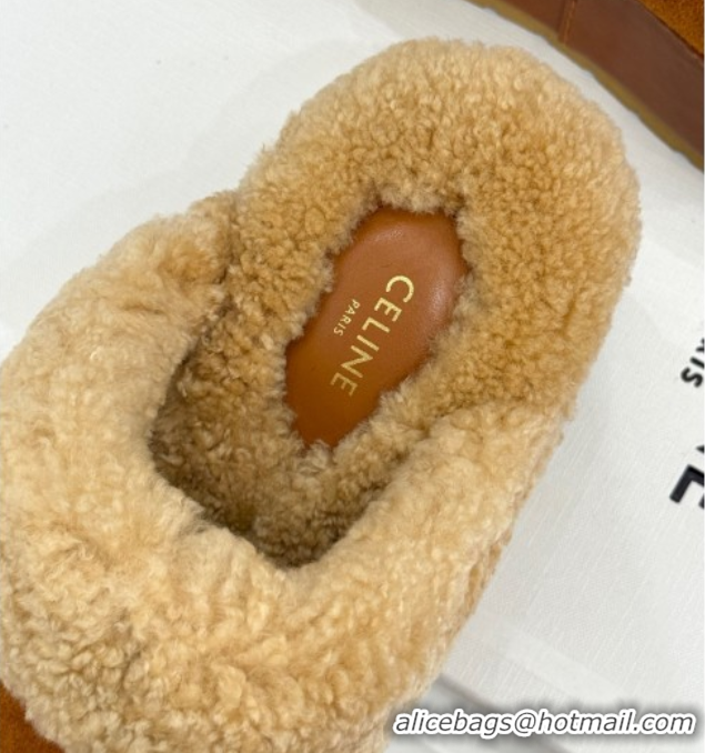 Big Discount Celine Dana Wedge Platform Mules in Suede and Shearling Havana Yellow 2025 CE082615
